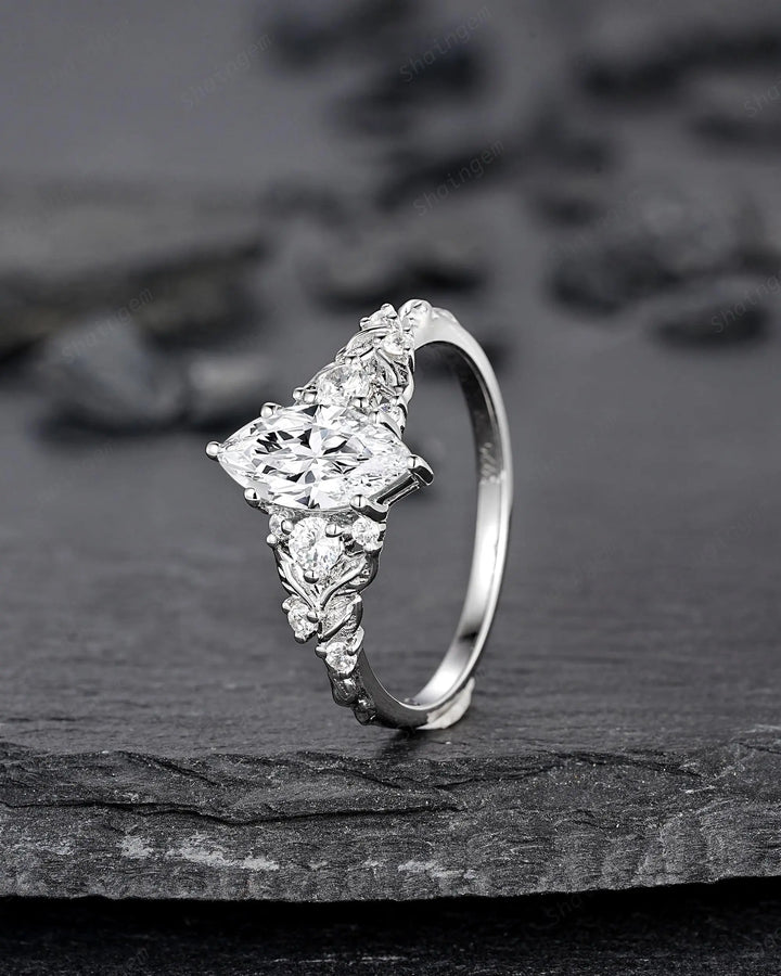 Platinum Marquise Moissanite Leaf Engagement Ring Nature Inspired Diamond Wedding Vintage Solid 14K 18K White Gold Promise Gift for Women - ShainJewelry