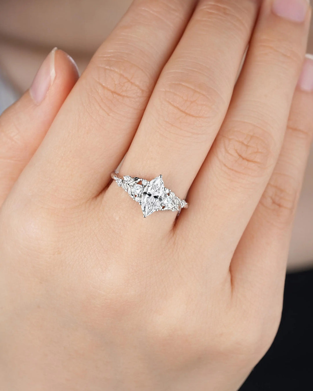 Platinum Marquise Moissanite Leaf Engagement Ring Nature Inspired Diamond Wedding Vintage Solid 14K 18K White Gold Promise Gift for Women - ShainJewelry