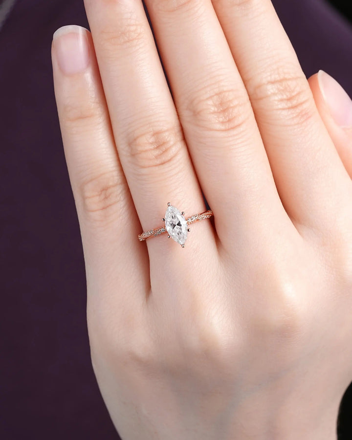 Unique Marquise Cut Moissanite Engagement Ring, Vintage Hidden Halo Diamond Wedding 14K 18K Rose Gold Promise 925 Sterling Silver, Platinum - ShainJewelry