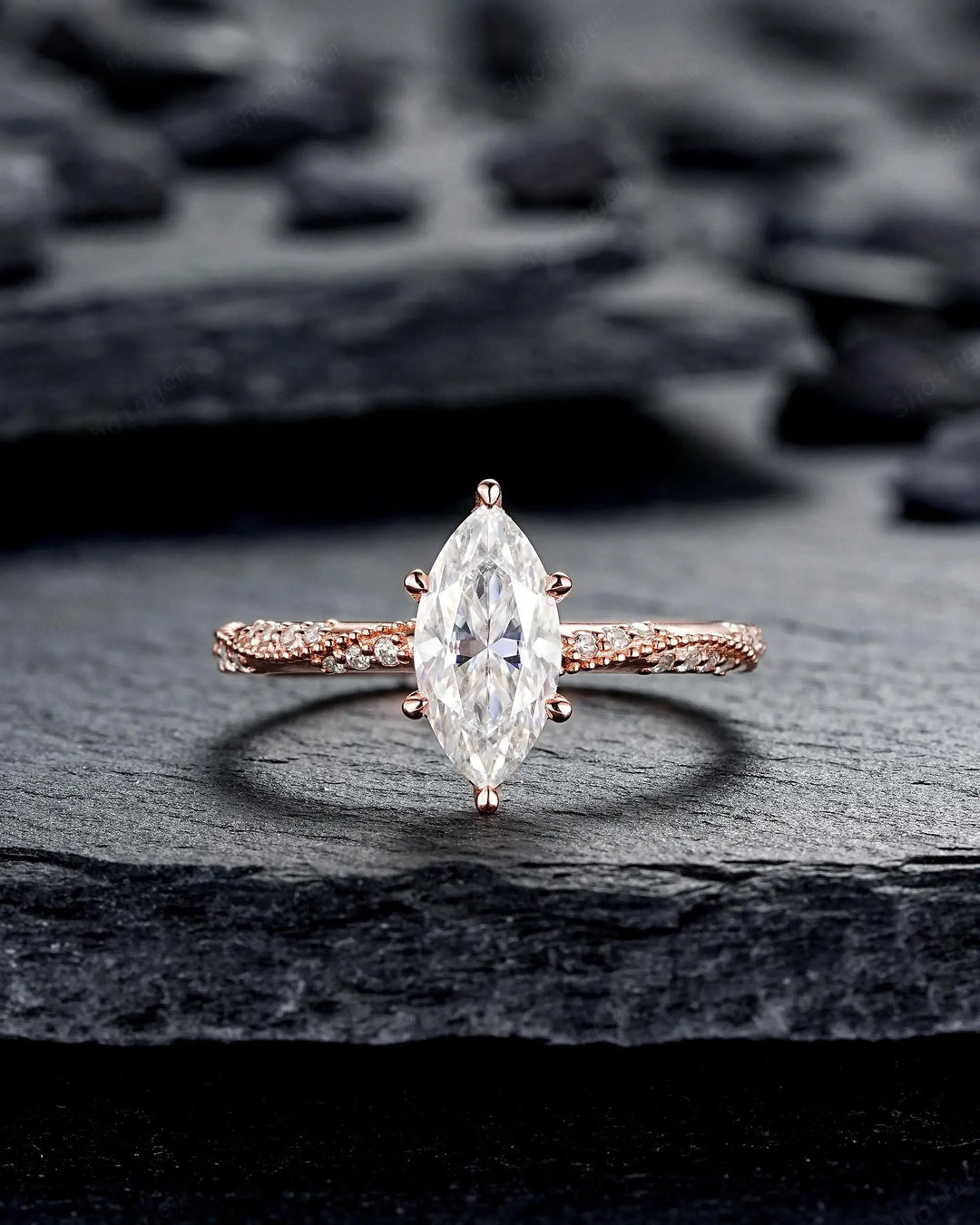 Unique Marquise Cut Moissanite Engagement Ring, Vintage Hidden Halo Diamond Wedding 14K 18K Rose Gold Promise 925 Sterling Silver, Platinum - ShainJewelry