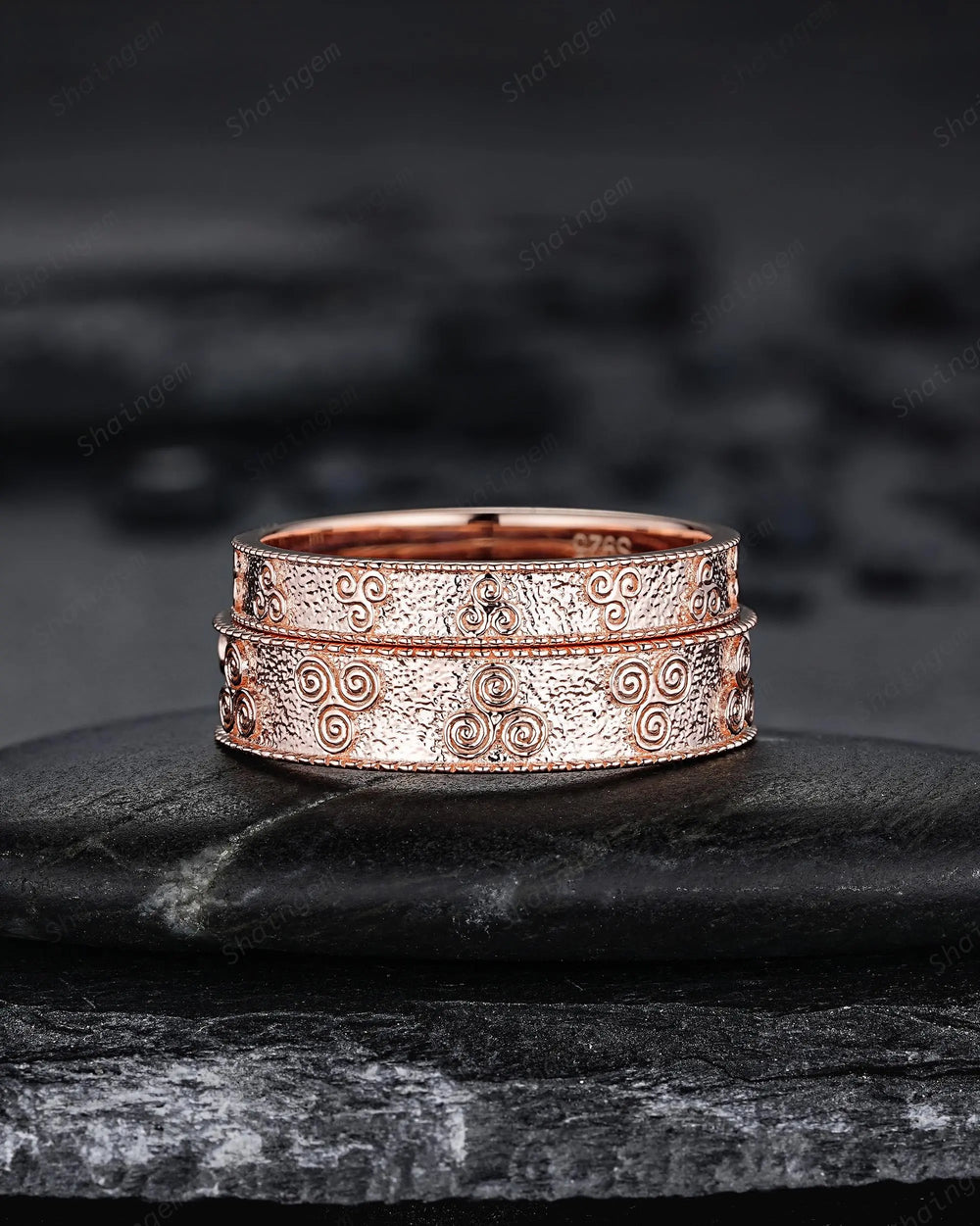 Unique His and Hers Celtic Spiral Knot Full Eternity Couple Ring Set, Milgrain Rose Gold Wedding Band, Matching Band Engagement Promise Ring - ShainJewelry