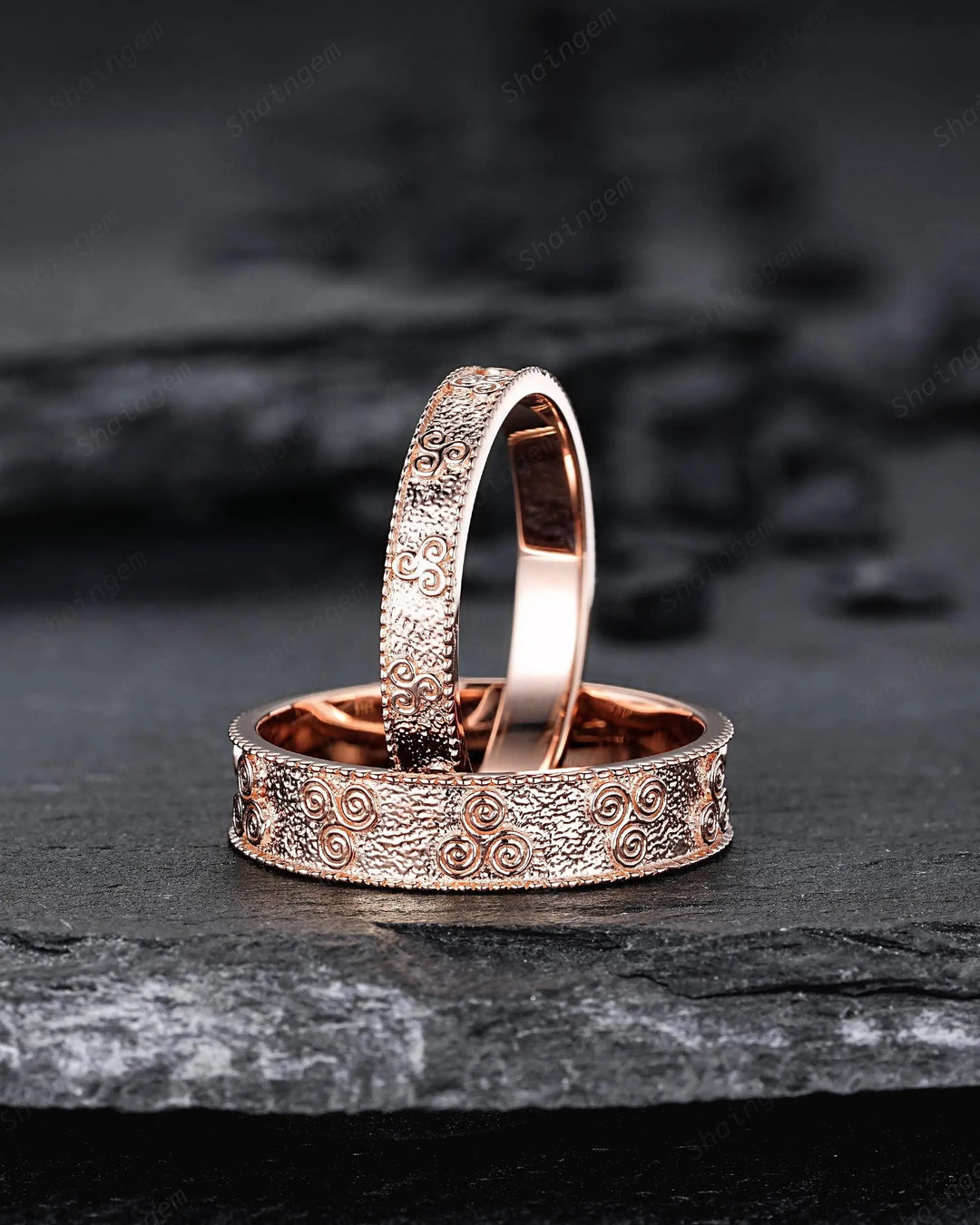 Unique His and Hers Celtic Spiral Knot Full Eternity Couple Ring Set, Milgrain Rose Gold Wedding Band, Matching Band Engagement Promise Ring - ShainJewelry