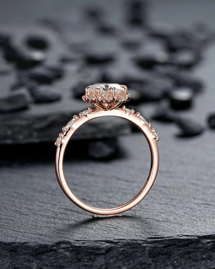 8 Prongs Round Shape Moissanite Floral Engagement Ring Set, Solid 14K 18K Rose Gold Halo Wedding Promise Knife Edge, Platinum, 925 Silver - ShainJewelry