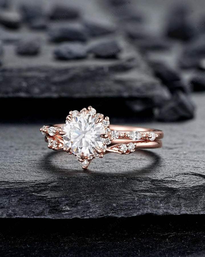 8 Prongs Round Shape Moissanite Floral Engagement Ring Set, Solid 14K 18K Rose Gold Halo Wedding Promise Knife Edge, Platinum, 925 Silver - ShainJewelry