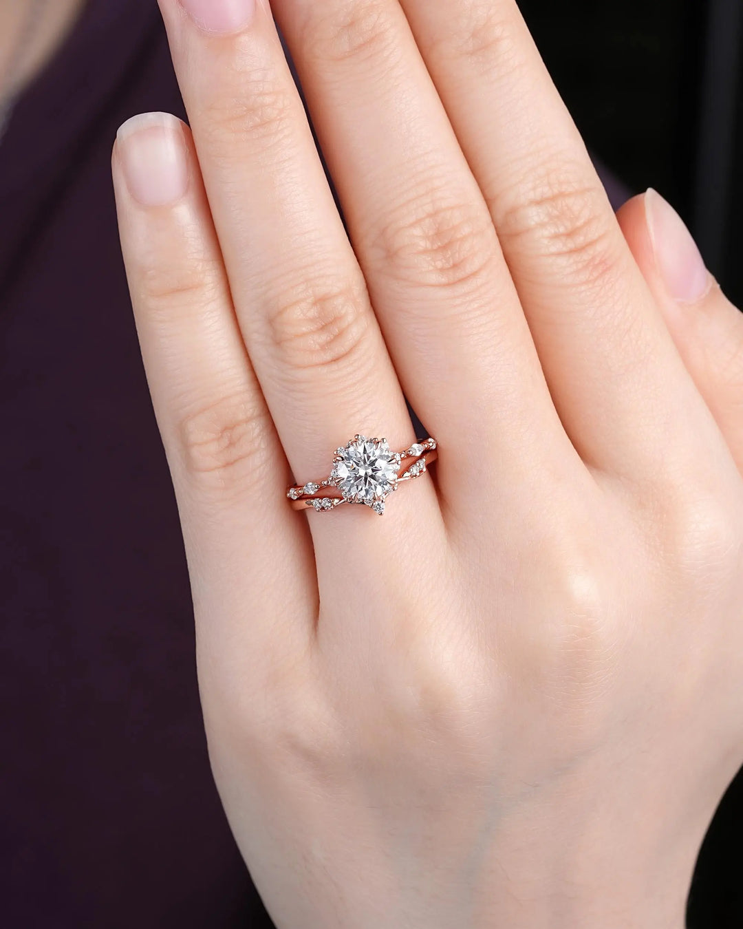 8 Prongs Round Shape Moissanite Floral Engagement Ring Set, Solid 14K 18K Rose Gold Halo Wedding Promise Knife Edge, Platinum, 925 Silver - ShainJewelry