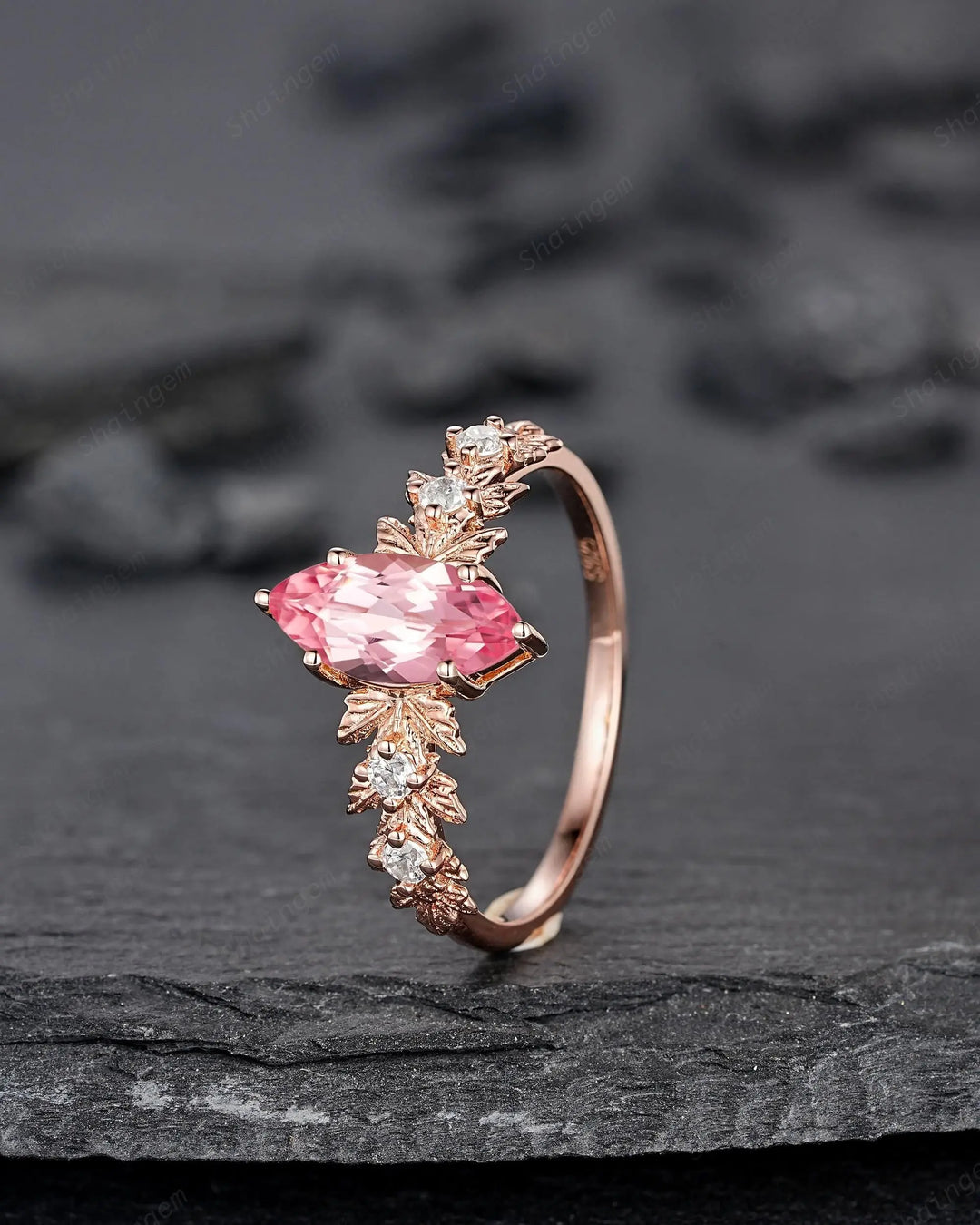 Vintage Marquise Pink Sapphire Maple Leaf Engagement Ring, Unique 14K 18K Rose Gold Promise Wedding 925 Silver, Platinum, 24K Gold Plated - ShainJewelry