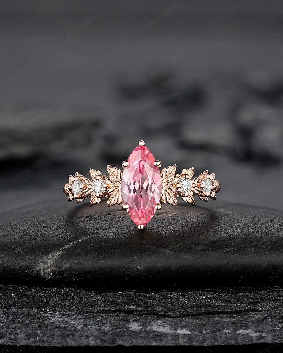 Vintage Marquise Pink Sapphire Maple Leaf Engagement Ring, Unique 14K 18K Rose Gold Promise Wedding 925 Silver, Platinum, 24K Gold Plated - ShainJewelry