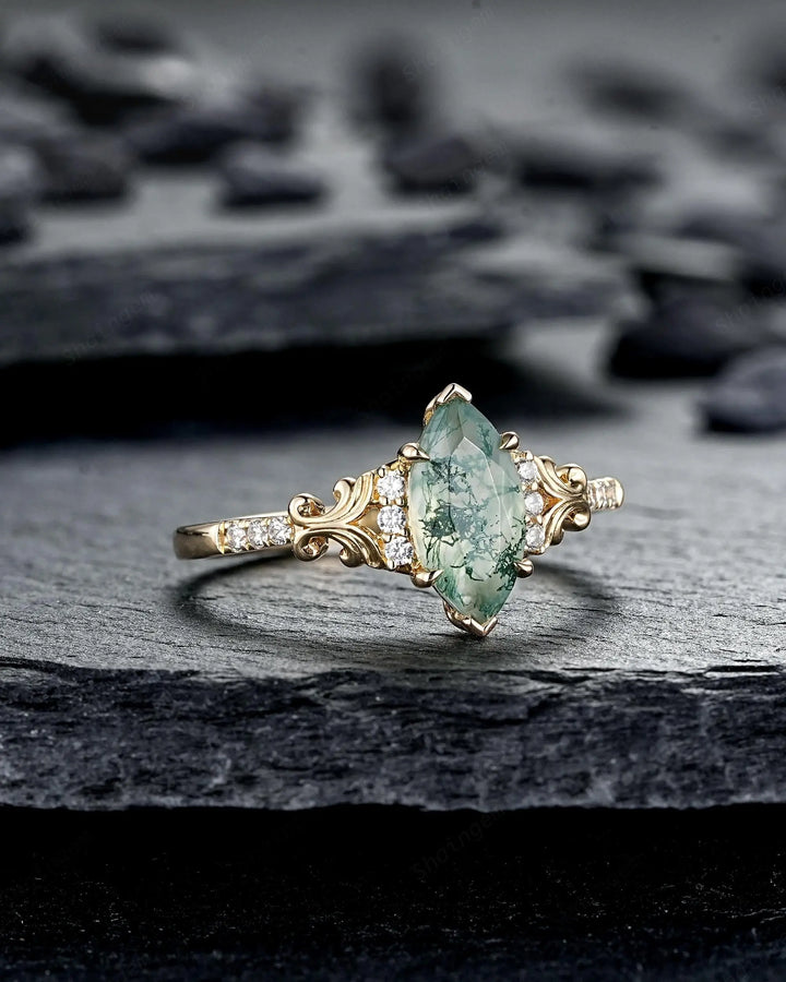 Marquise Cut Moss Agate Engagement Ring: Filigree Engraved 925 Silver Promise, Vintage Platinum 14K 18K Yellow Gold Half Eternity Wedding - ShainJewelry
