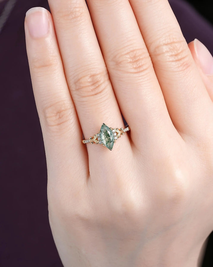 Marquise Cut Moss Agate Engagement Ring: Filigree Engraved 925 Silver Promise, Vintage Platinum 14K 18K Yellow Gold Half Eternity Wedding - ShainJewelry