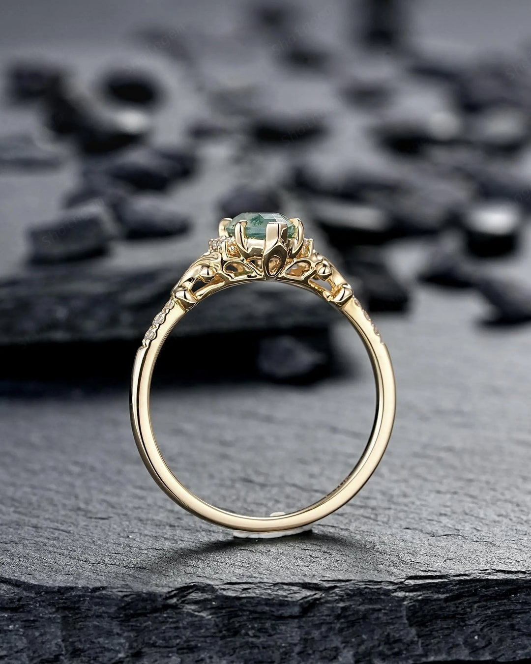 Marquise Cut Moss Agate Engagement Ring: Filigree Engraved 925 Silver Promise, Vintage Platinum 14K 18K Yellow Gold Half Eternity Wedding - ShainJewelry