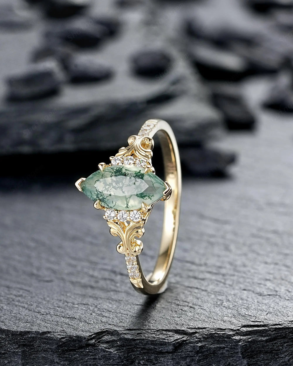 Marquise Cut Moss Agate Engagement Ring: Filigree Engraved 925 Silver Promise, Vintage Platinum 14K 18K Yellow Gold Half Eternity Wedding