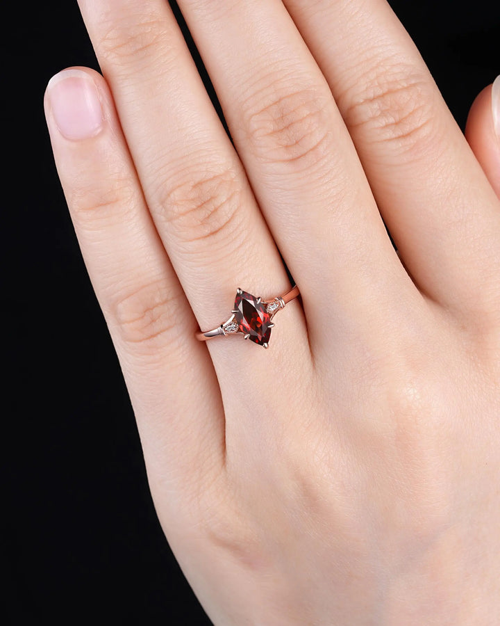 Vintage Milgrain Marquise Cut Red Garnet Engagement Ring, Unique Promise Wedding Gift, Rose Gold Silver 925 24K Gold Plated Six Prongs - ShainJewelry