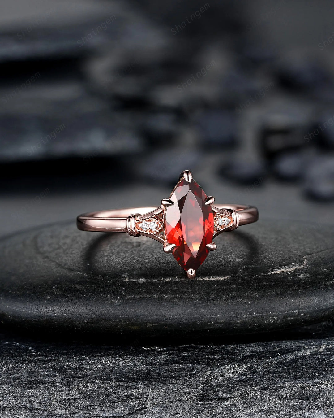 Vintage Milgrain Marquise Cut Red Garnet Engagement Ring, Unique Promise Wedding Gift, Rose Gold Silver 925 24K Gold Plated Six Prongs - ShainJewelry