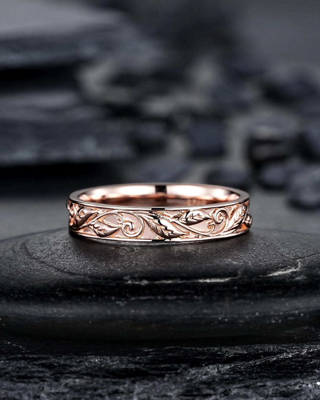 Full Eternity Twig Leaf Wedding Band, Black Rhodium White Gold Engagement Matching Band, Rose Gold Straight Band for Men Women Promise - ShainJewelry