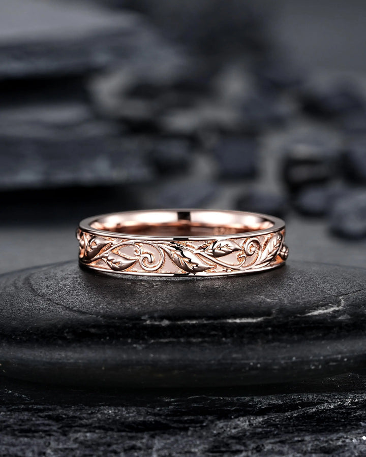 Full Eternity Twig Leaf Wedding Band, Black Rhodium White Gold Engagement Matching Band, Rose Gold Straight Band for Men Women Promise - ShainJewelry