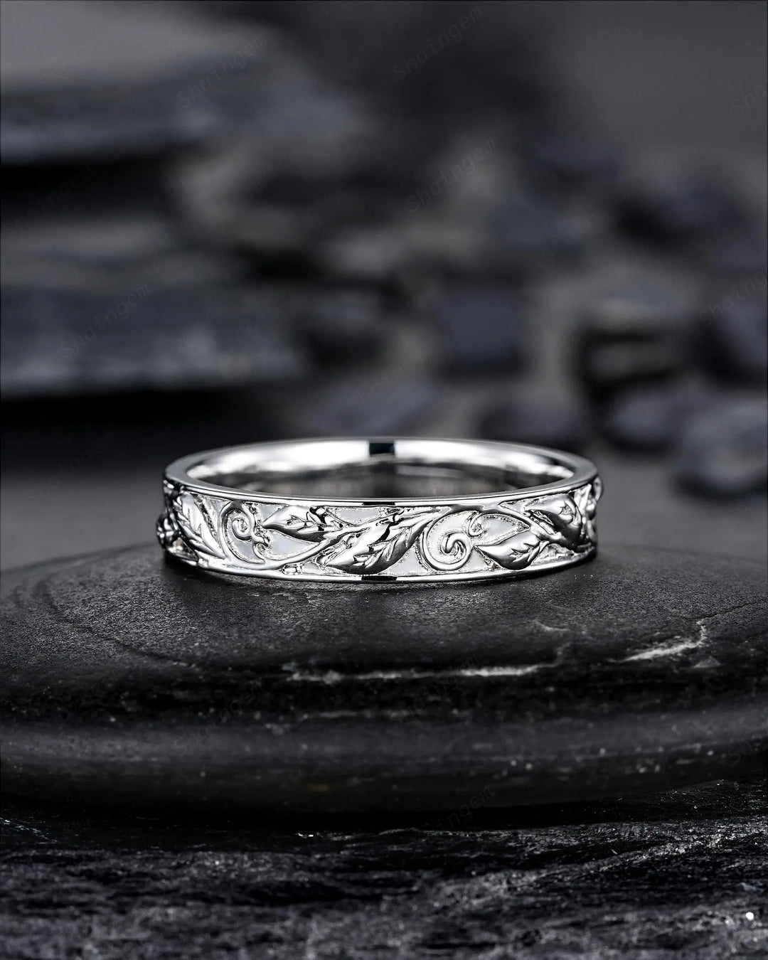 Full Eternity Twig Leaf Wedding Band, Black Rhodium White Gold Engagement Matching Band, Rose Gold Straight Band for Men Women Promise - ShainJewelry