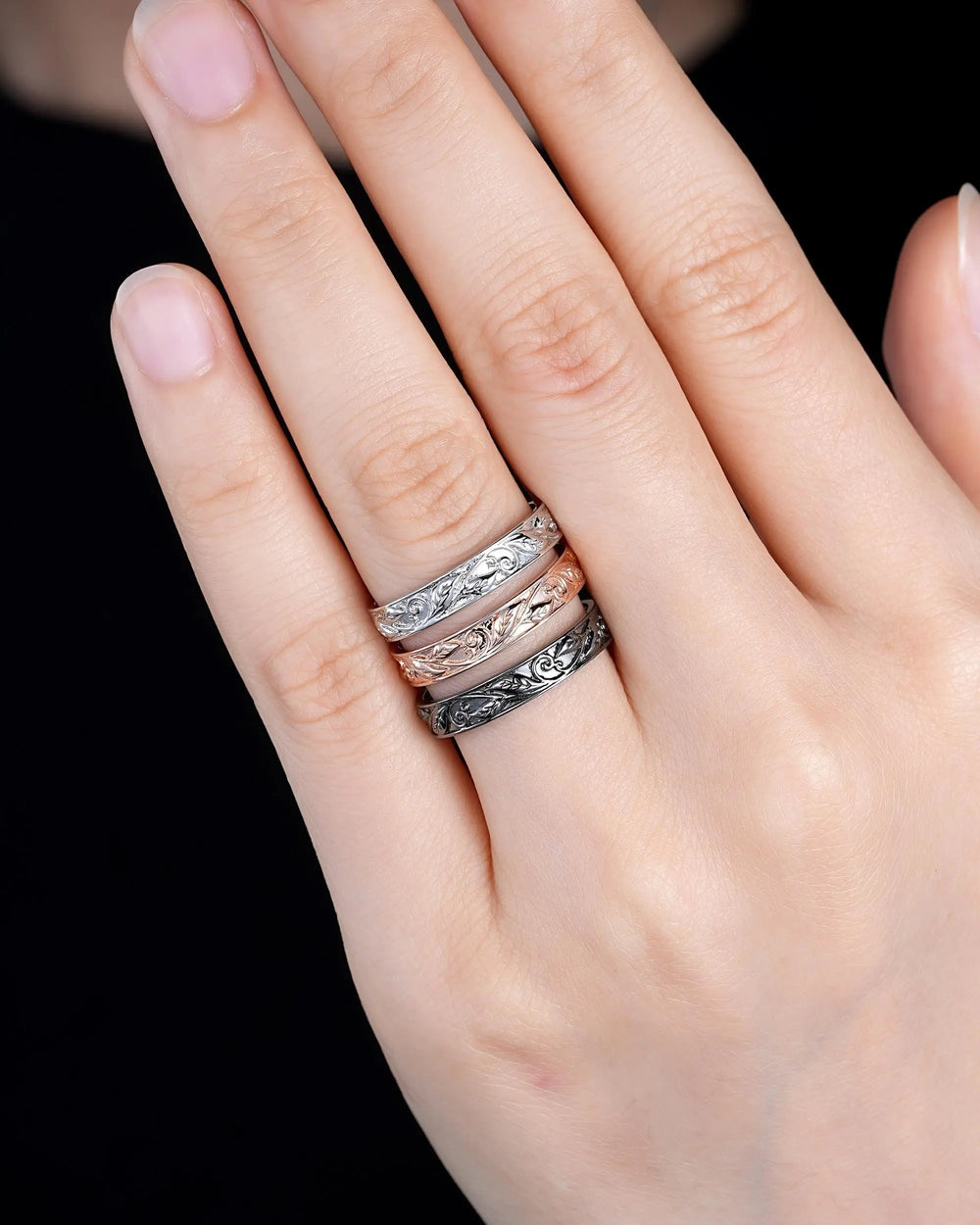 Full Eternity Twig Leaf Wedding Band, Black Rhodium White Gold Engagement Matching Band, Rose Gold Straight Band for Men Women Promise - ShainJewelry