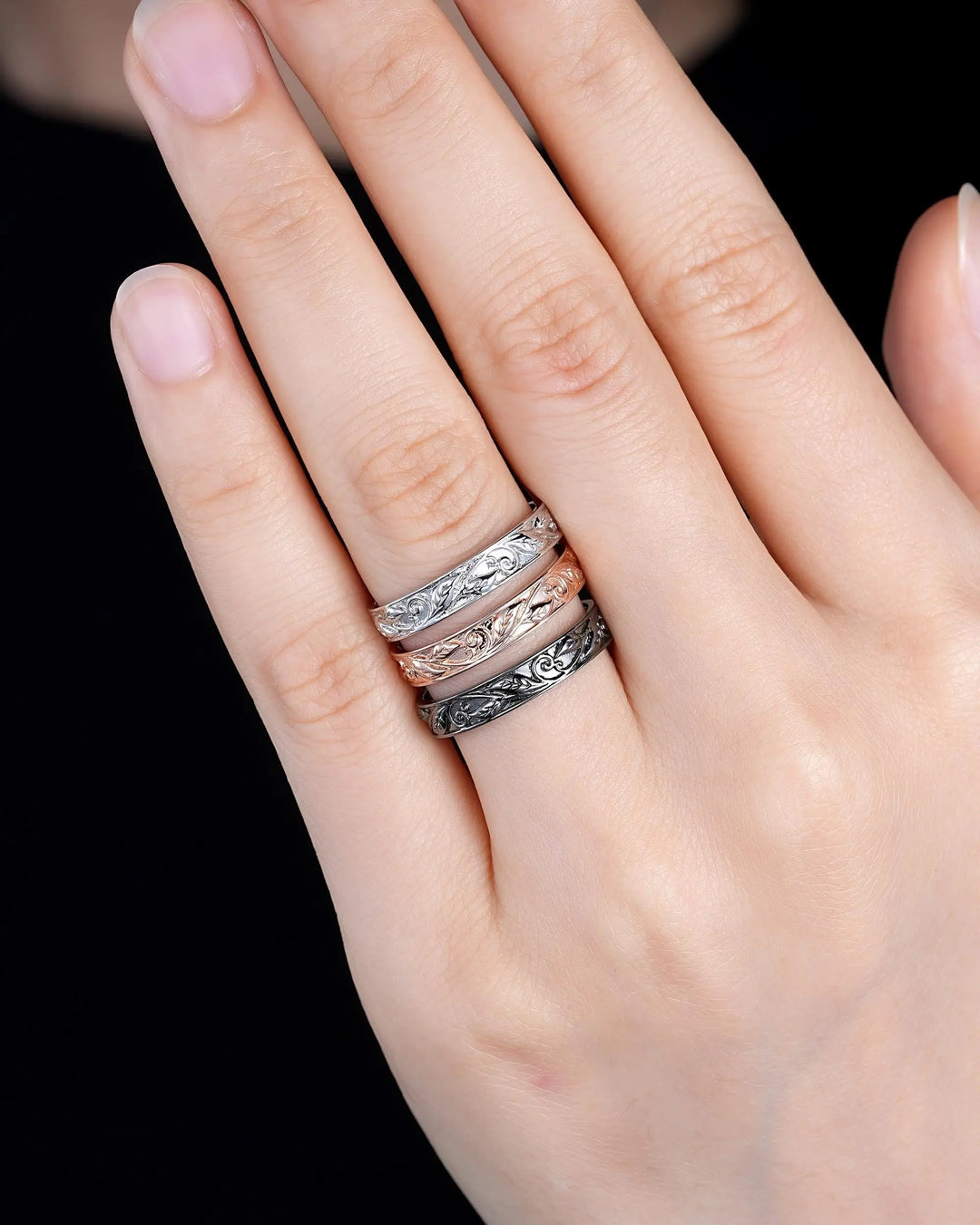 Full Eternity Twig Leaf Wedding Band, Black Rhodium White Gold Engagement Matching Band, Rose Gold Straight Band for Men Women Promise - ShainJewelry
