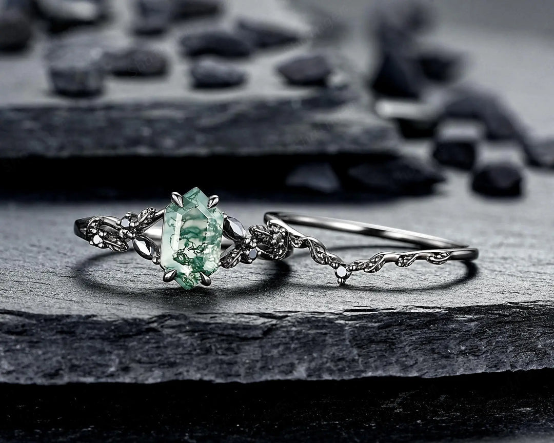 Gothic Hexagon Cut Moss Agate Engagement Ring Set: Black Rhodium Leaf Wedding Ring, Punk Dark Promise Ring, Witchy Jewelry Anniversary Gift - ShainJewelry