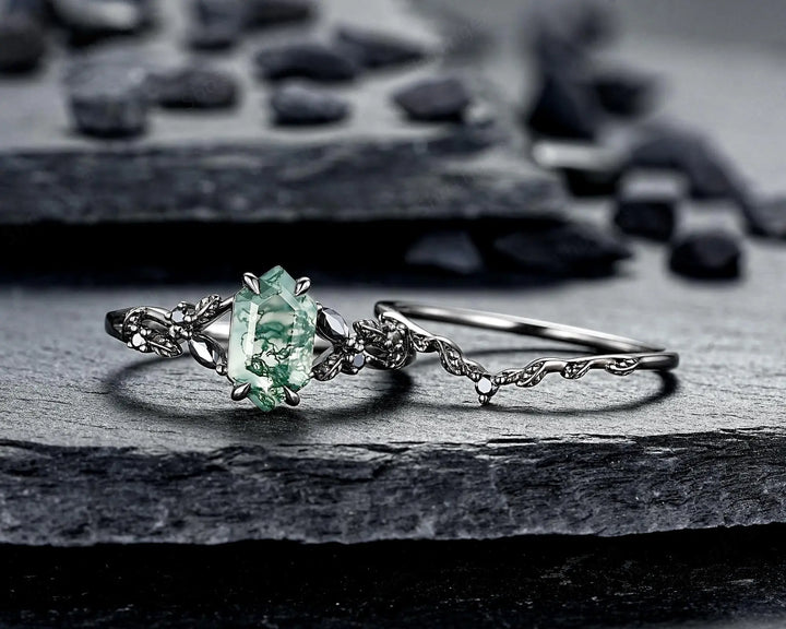 Gothic Hexagon Cut Moss Agate Engagement Ring Set: Black Rhodium Leaf Wedding Ring, Punk Dark Promise Ring, Witchy Jewelry Anniversary Gift - ShainJewelry