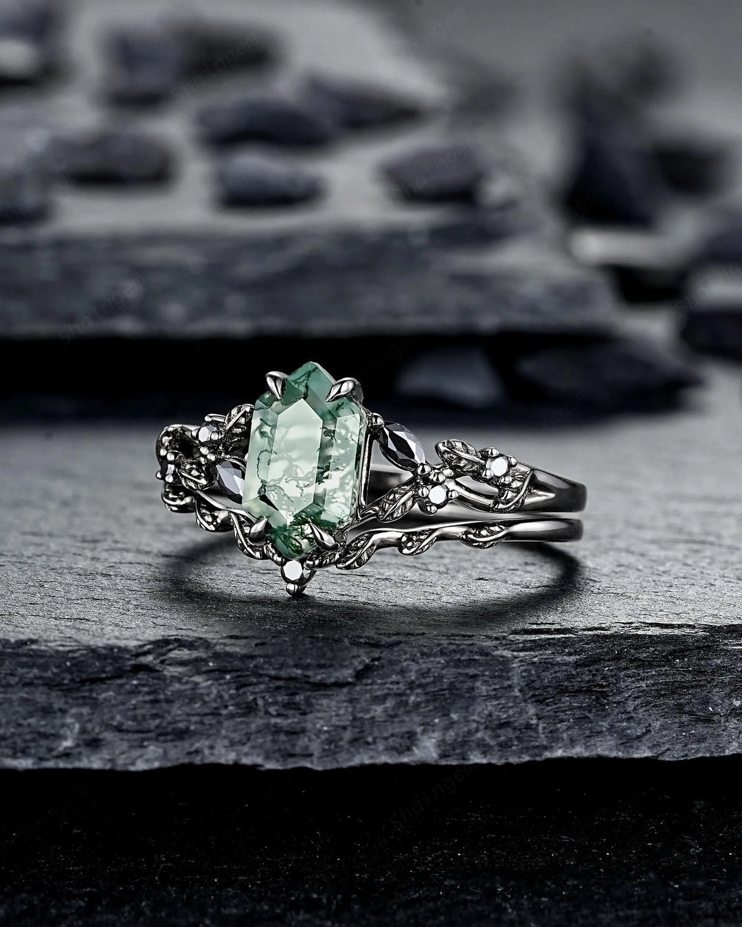 Gothic Hexagon Cut Moss Agate Engagement Ring Set: Black Rhodium Leaf Wedding Ring, Punk Dark Promise Ring, Witchy Jewelry Anniversary Gift - ShainJewelry
