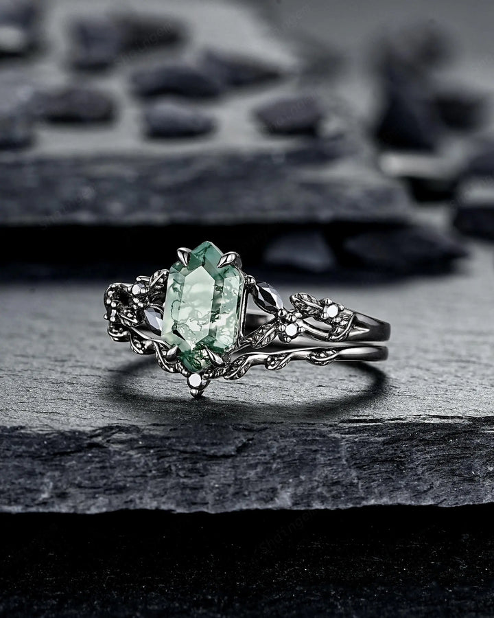 Gothic Hexagon Cut Moss Agate Engagement Ring Set: Black Rhodium Leaf Wedding Ring, Punk Dark Promise Ring, Witchy Jewelry Anniversary Gift - ShainJewelry