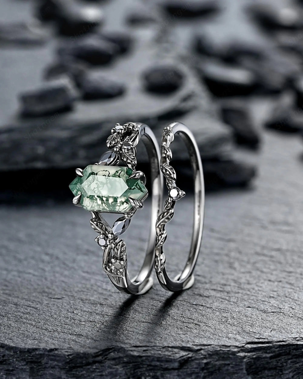 Gothic Hexagon Cut Moss Agate Engagement Ring Set: Black Rhodium Leaf Wedding Ring, Punk Dark Promise Ring, Witchy Jewelry Anniversary Gift