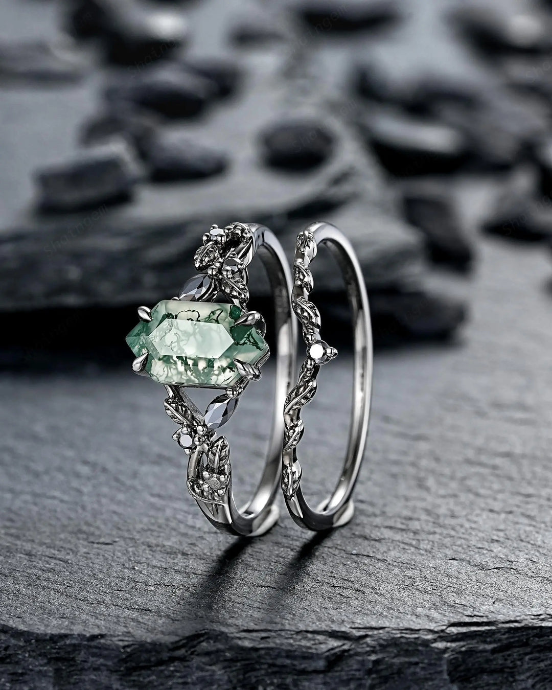 Gothic Hexagon Cut Moss Agate Engagement Ring Set: Black Rhodium Leaf Wedding Ring, Punk Dark Promise Ring, Witchy Jewelry Anniversary Gift - ShainJewelry