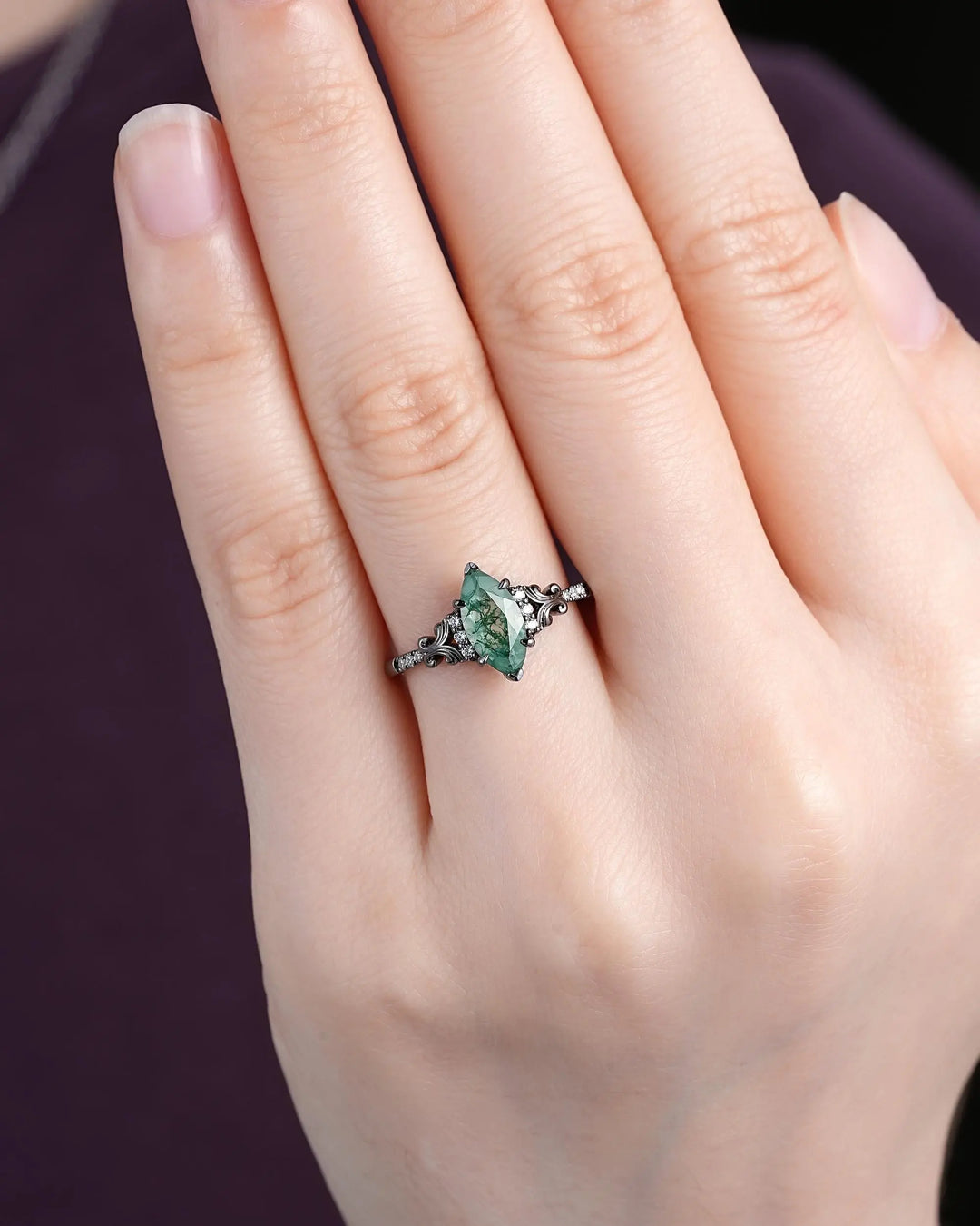 Gothic Marquise Cut Moss Agate Engagement Ring, Vintage Black Rhodium Promise Ring, Filigree Engraved Wedding Half Eternity Black Gold - ShainJewelry