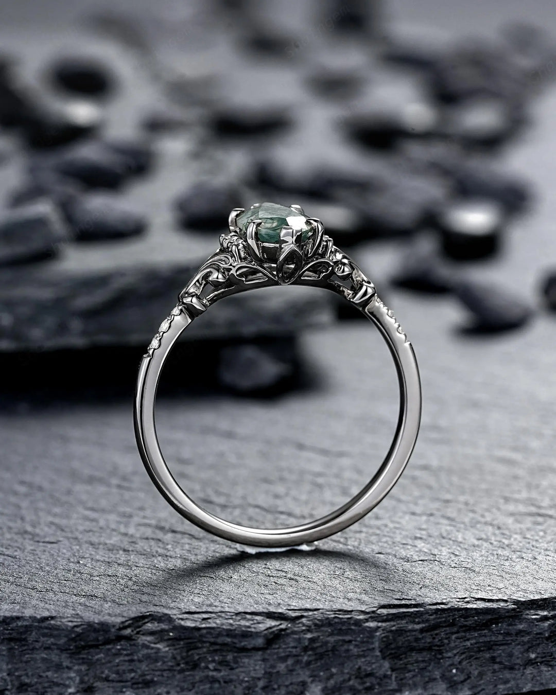 Gothic Marquise Cut Moss Agate Engagement Ring, Vintage Black Rhodium Promise Ring, Filigree Engraved Wedding Half Eternity Black Gold - ShainJewelry