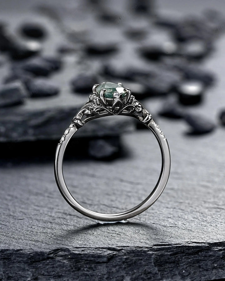Gothic Marquise Cut Moss Agate Engagement Ring, Vintage Black Rhodium Promise Ring, Filigree Engraved Wedding Half Eternity Black Gold - ShainJewelry