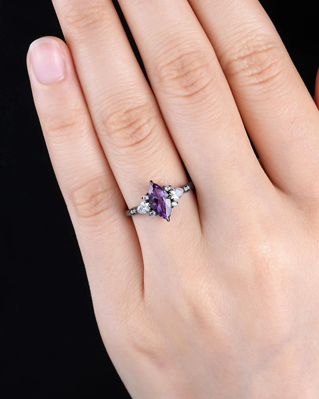 Unique Black Gold Marquise Cut Violet Purple Sapphire Engagement Ring, Gothic Witchy Black Rhodium Wedding Promise Anniversary Gift for her - ShainJewelry