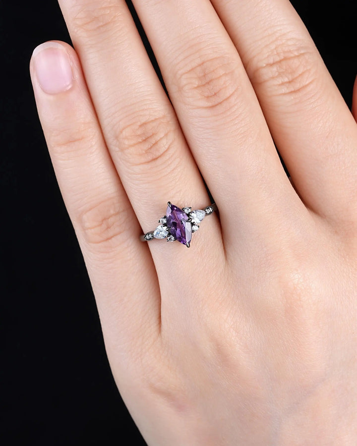 Unique Black Gold Marquise Cut Violet Purple Sapphire Engagement Ring, Gothic Witchy Black Rhodium Wedding Promise Anniversary Gift for her - ShainJewelry