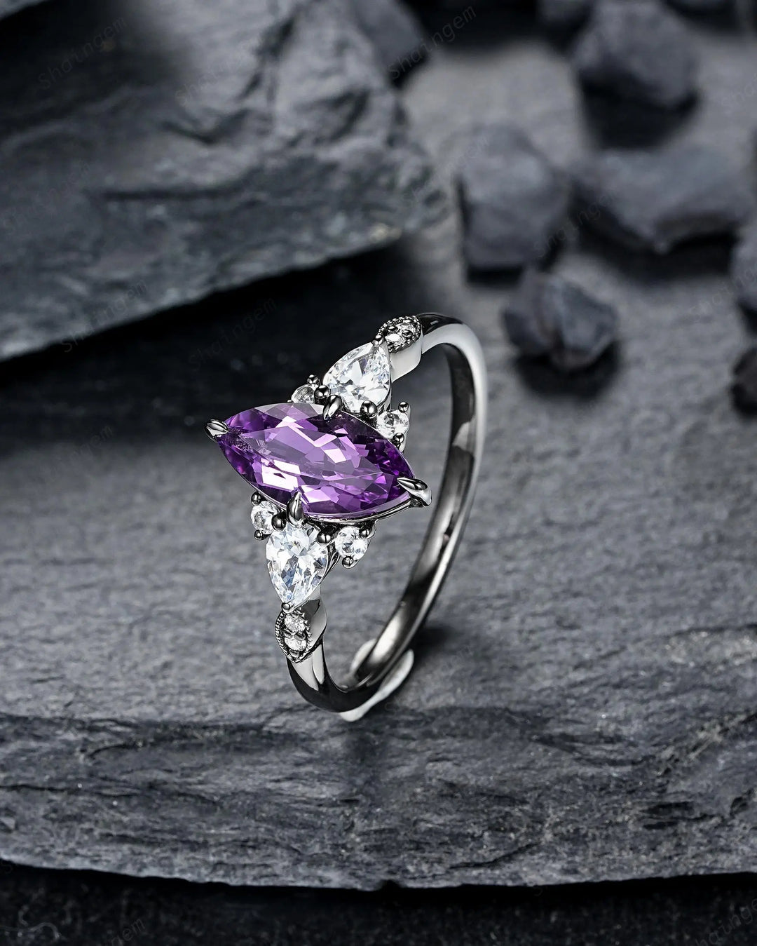Unique Black Gold Marquise Cut Violet Purple Sapphire Engagement Ring, Gothic Witchy Black Rhodium Wedding Promise Anniversary Gift for her - ShainJewelry