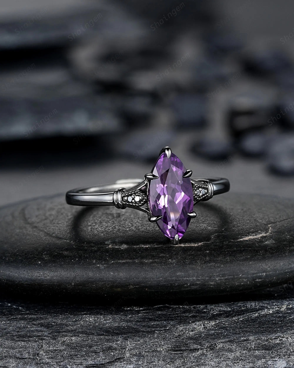 Vintage Black Gold Marquise Cut Violet Purple Sapphire Engagement Ring, Gothic Witchy Black Rhodium Wedding Promise Anniversary Gift Woman
