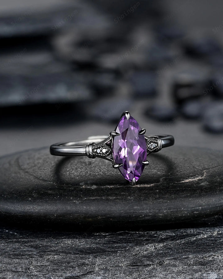 Vintage Black Gold Marquise Cut Violet Purple Sapphire Engagement Ring, Gothic Witchy Black Rhodium Wedding Promise Anniversary Gift Woman - ShainJewelry