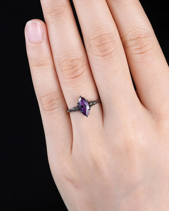 Vintage Black Gold Marquise Cut Violet Purple Sapphire Engagement Ring, Gothic Witchy Black Rhodium Wedding Promise Anniversary Gift Woman - ShainJewelry