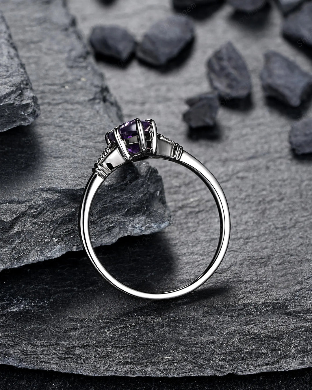Vintage Black Gold Marquise Cut Violet Purple Sapphire Engagement Ring, Gothic Witchy Black Rhodium Wedding Promise Anniversary Gift Woman - ShainJewelry
