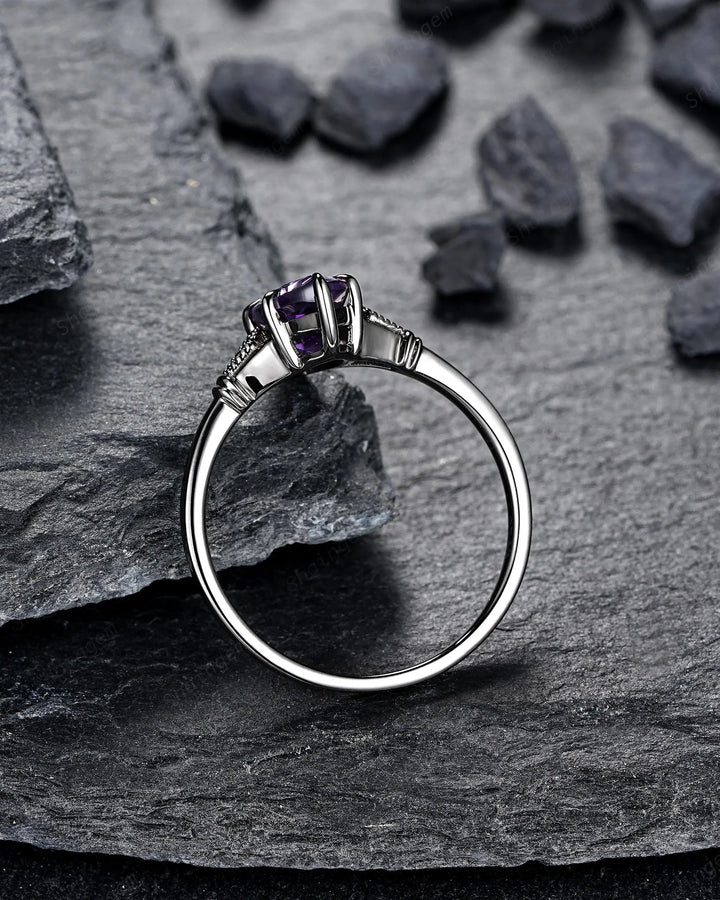 Vintage Black Gold Marquise Cut Violet Purple Sapphire Engagement Ring, Gothic Witchy Black Rhodium Wedding Promise Anniversary Gift Woman - ShainJewelry