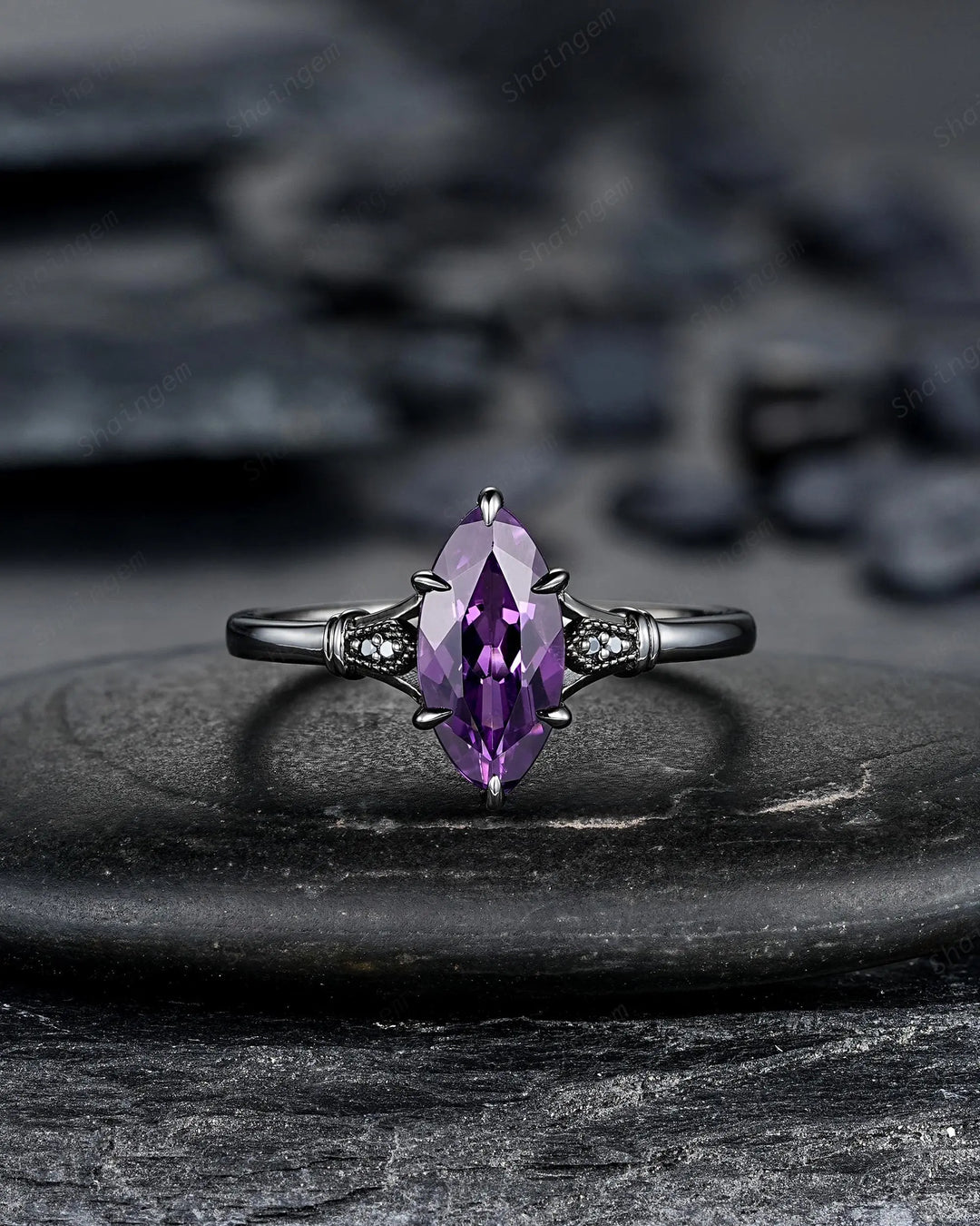 Vintage Black Gold Marquise Cut Violet Purple Sapphire Engagement Ring, Gothic Witchy Black Rhodium Wedding Promise Anniversary Gift Woman
