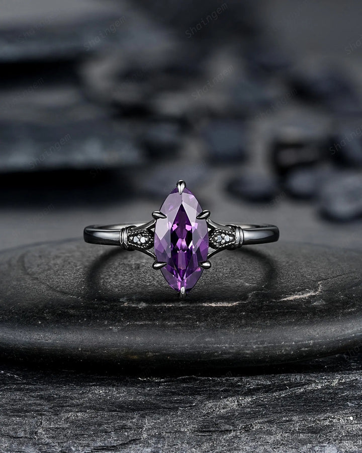 Vintage Black Gold Marquise Cut Violet Purple Sapphire Engagement Ring, Gothic Witchy Black Rhodium Wedding Promise Anniversary Gift Woman - ShainJewelry