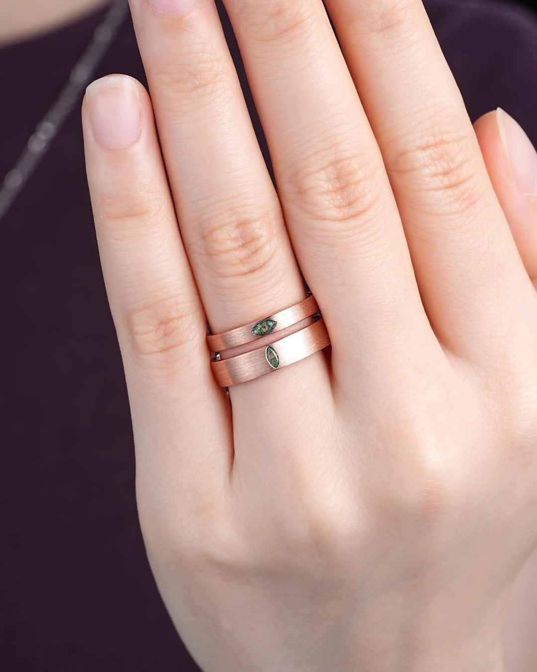 Brushed Full Eternity His and Hers Marquise Moss Agate Solitaire Couple Ring Set, Rose Gold Matching Wedding Band Promise Engagement Rings - ShainJewelry
