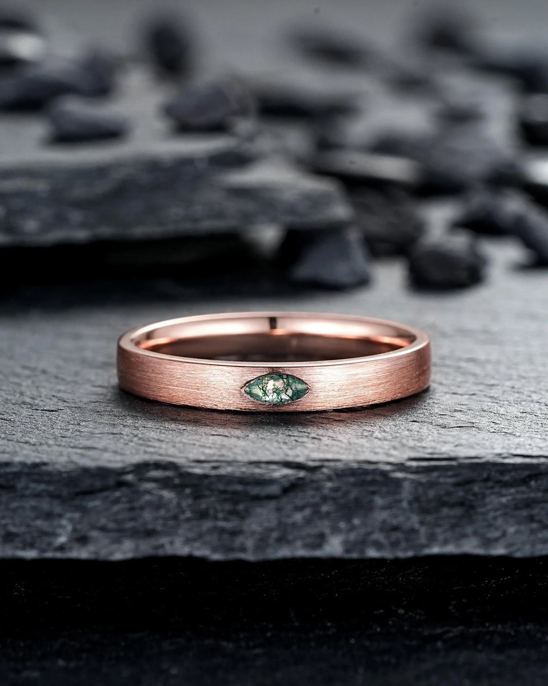 Brushed Full Eternity His and Hers Marquise Moss Agate Solitaire Couple Ring Set, Rose Gold Matching Wedding Band Promise Engagement Rings - ShainJewelry