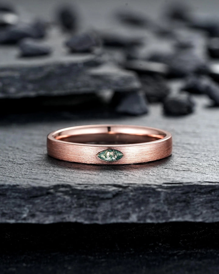Brushed Full Eternity His and Hers Marquise Moss Agate Solitaire Couple Ring Set, Rose Gold Matching Wedding Band Promise Engagement Rings - ShainJewelry