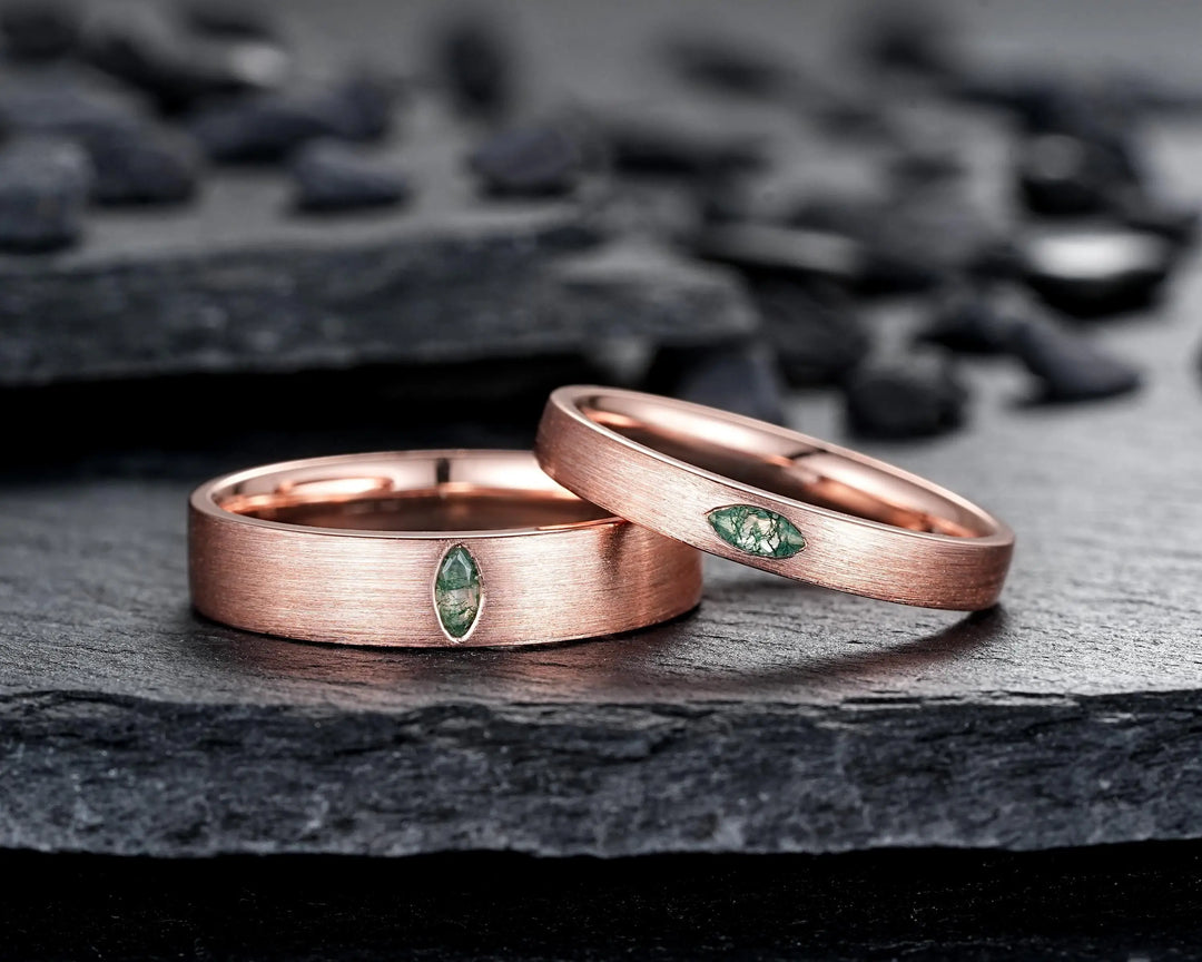 Brushed Full Eternity His and Hers Marquise Moss Agate Solitaire Couple Ring Set, Rose Gold Matching Wedding Band Promise Engagement Rings
