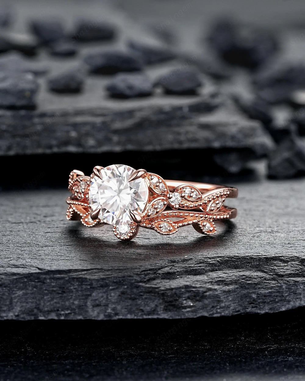 Vintage Round Shape Moissanite Milgrain Engagement Ring Set, Solid 10K 14K 18K Rose Gold Leaf Wedding Promise Platinum, 925 Silver Gift - ShainJewelry