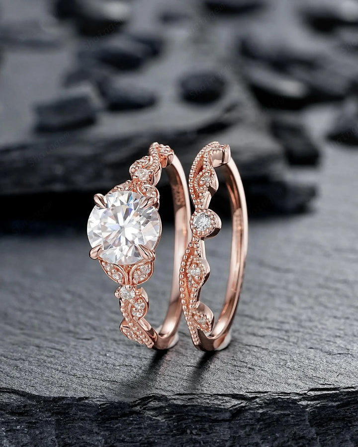 Vintage Round Shape Moissanite Milgrain Engagement Ring Set, Solid 10K 14K 18K Rose Gold Leaf Wedding Promise Platinum, 925 Silver Gift - ShainJewelry