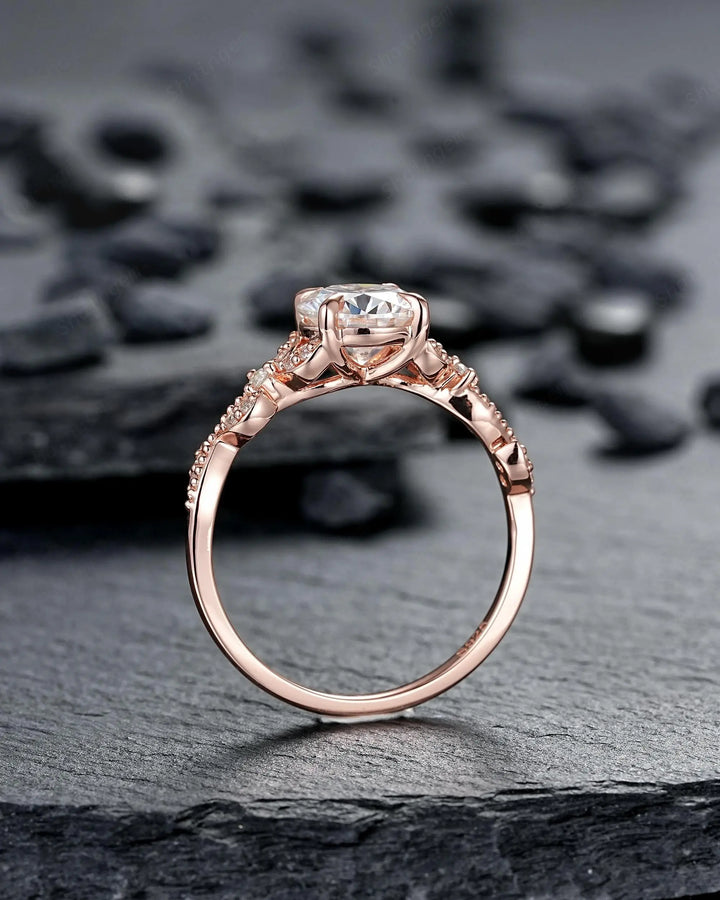 Vintage Round Shape Moissanite Milgrain Engagement Ring Set, Solid 10K 14K 18K Rose Gold Leaf Wedding Promise Platinum, 925 Silver Gift - ShainJewelry