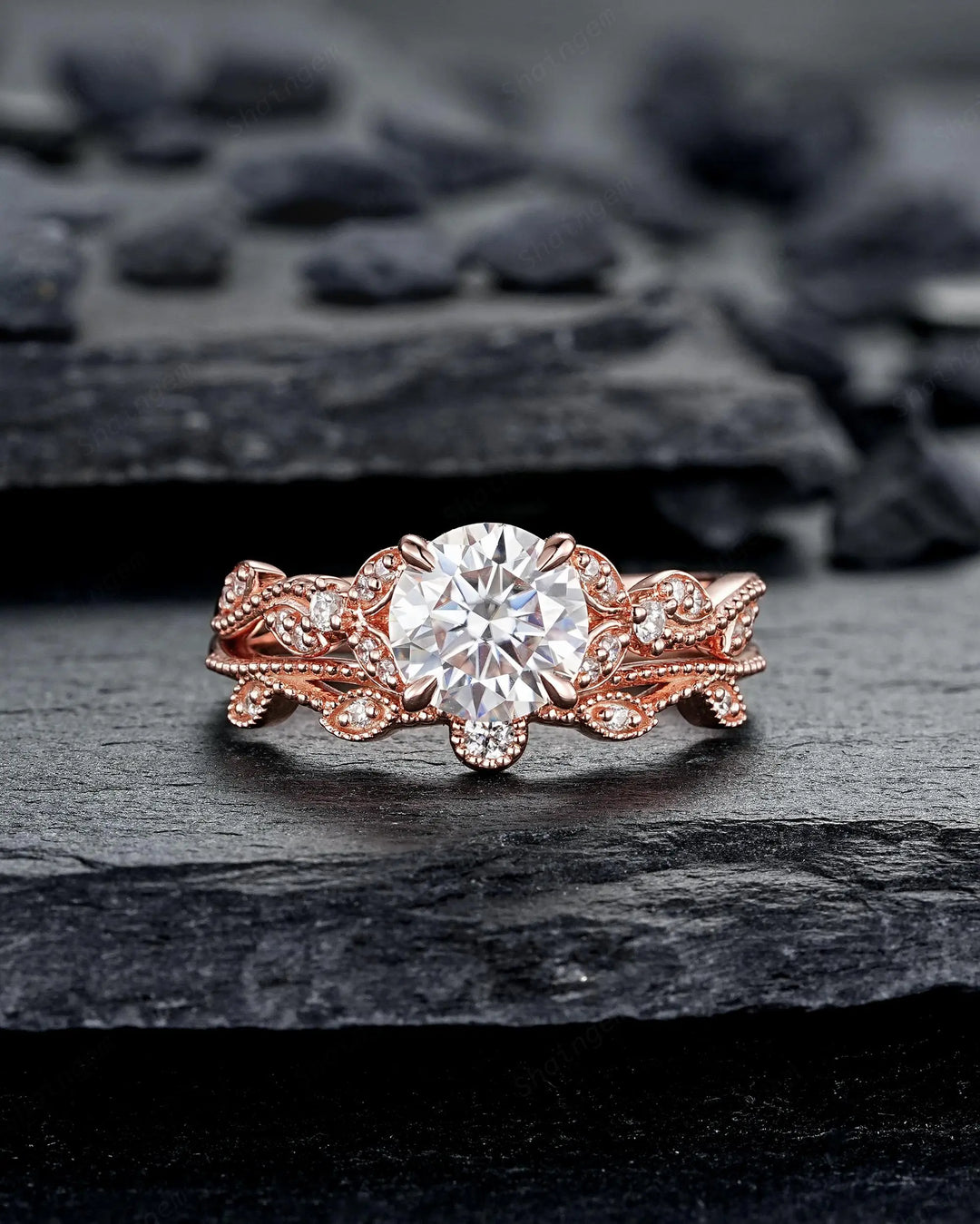 Vintage Round Shape Moissanite Milgrain Engagement Ring Set, Solid 10K 14K 18K Rose Gold Leaf Wedding Promise Platinum, 925 Silver Gift - ShainJewelry
