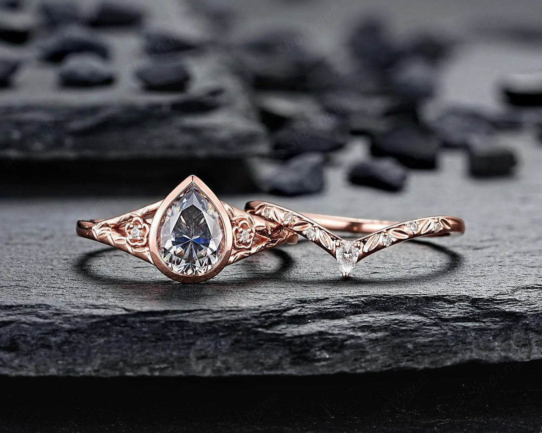 Vintage Pear Shape Gray Moissanite and Diamond Engagement Ring Set, 14K 18K Rose Gold Full Bezel Leaf Promise Wedding Platinum, Silver 925 - ShainJewelry